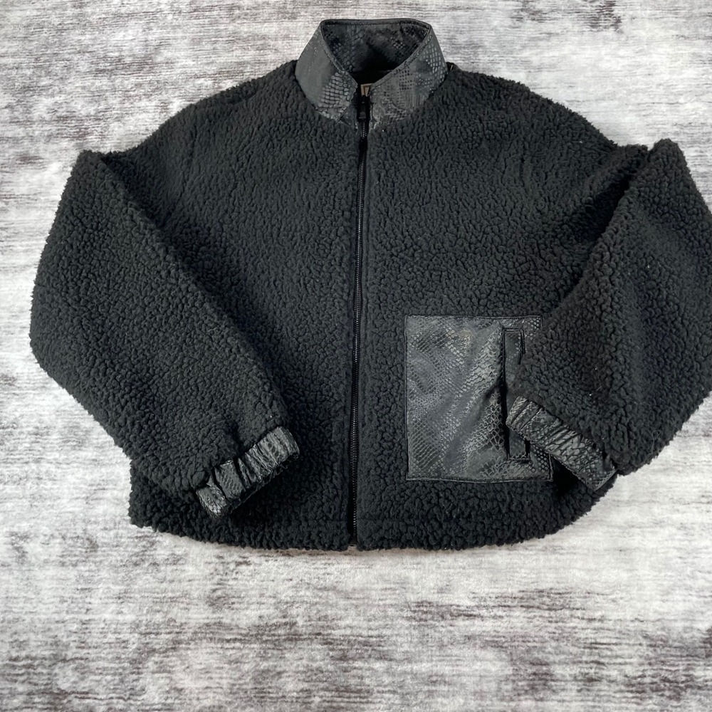 Juicy by Juicy Couture Black Sherpa Faux Fur Snakeskin Trim Bomber Jacket M NEW